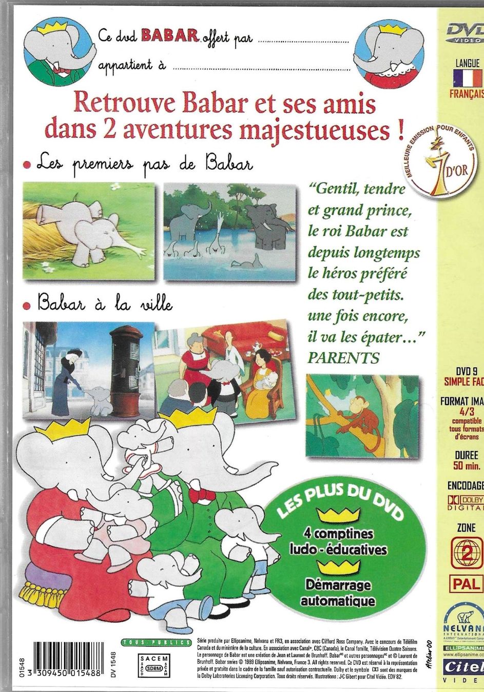 Tutti i DVDs: Les aventures de Babar - Les premiers pas de Babar et à la – Usato da Savagnier venduto da Ne2065 1