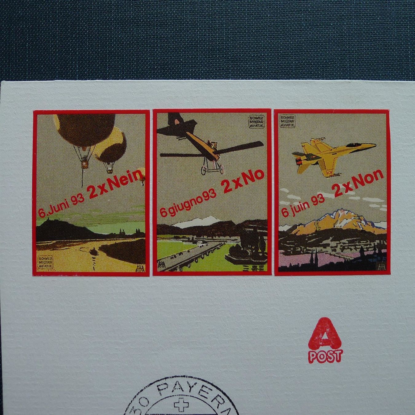 Tutti i francobolli: F/A-18 Abstimmungs-Kampf-Propaganda / Flugspende Vignette – Usato da Ebikon venduto da SilvioFreund 1