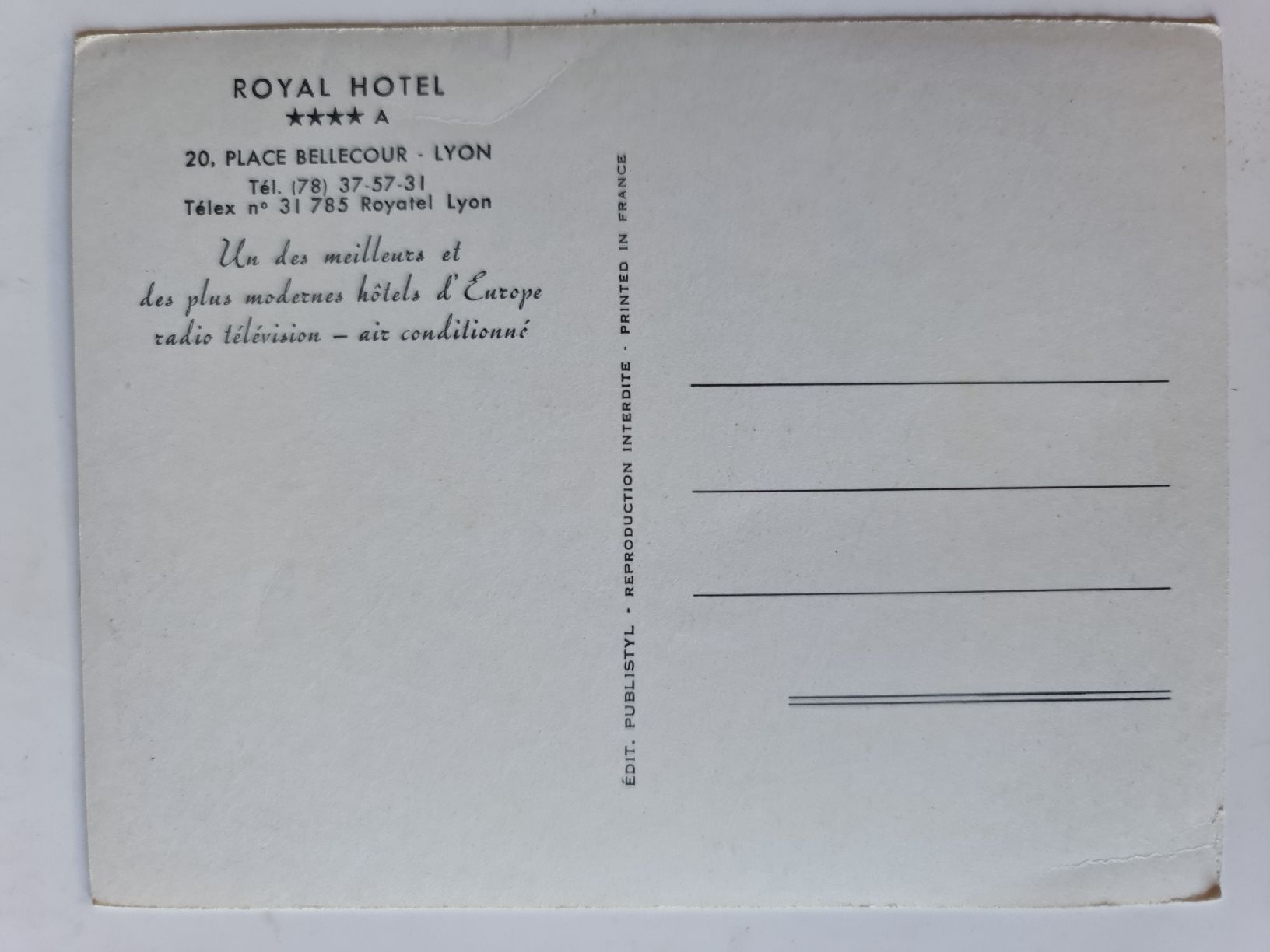 Cartoline postali: Ansichtskarte Royal Hotel Lyon 955 – Usato da Dintikon venduto da Vexi 1