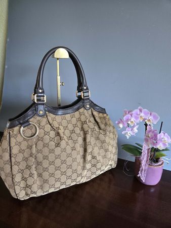 Gucci Handtasche GG Canvas Leder braun goldfarben guter Zust
