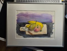 Stillleben Aquarell Gemälde signiert Früchte Platte