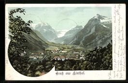Litho Linthal, Ortsansicht mit Bergpanor