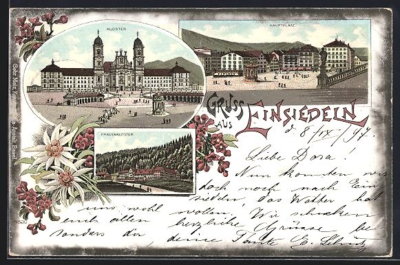 Ansichtskarten: Litho Einsiedeln, Kloster, Hauptplatz, F – Gebraucht aus Berlin von bartko-reher