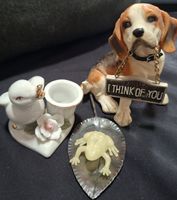Lot de 3 objets décoratifs, chien, oiseau, grenouille