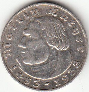 Tutti le monete: 2 Reichsmark Martin Luther 1933 G – Usato da Gossau SG venduto da Gallus00