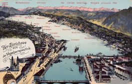 Vogelschau-AK Zürichsee mit Brücken, gelaufen 1912