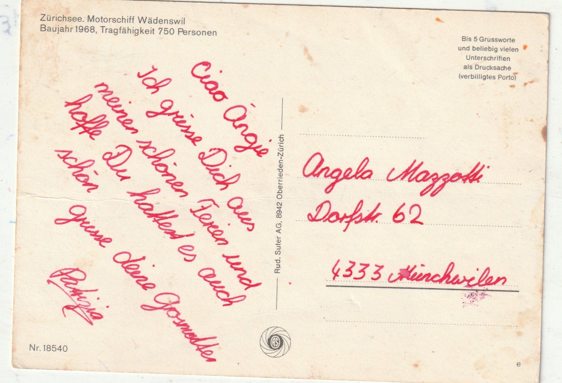 Cartoline postali: Motorschiff Wädenswil – Usato da Lumbrein venduto da made02 1