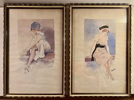 2 Tableaux encre, jeunes femmes années 20, signées