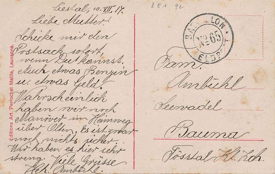 Ansichtskarten: Liestal, Feldpost 1917 BATAILLON N° 65 – Gebraucht aus Frauenfeld von POML 1