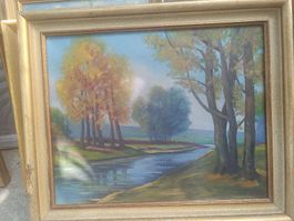 Ölgemälde Herbstlandschaft mit Fluss und Bäumen 🍁
