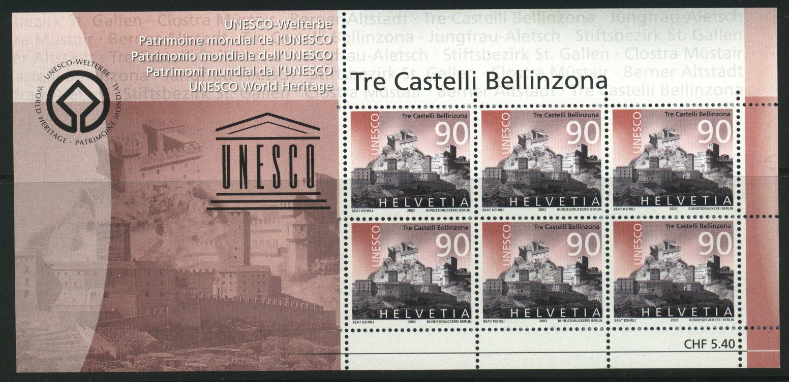 Tutti i francobolli: 2003, Sondermarken Unesco, 5 Kleinbogen ** – Usato da Willisau venduto da Vollstempel 2