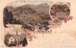 Schwanden GL // 1902 Litho Kirche Schulhaus