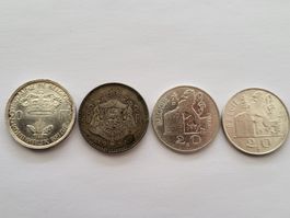 4x 20 Francs Belgien Silber