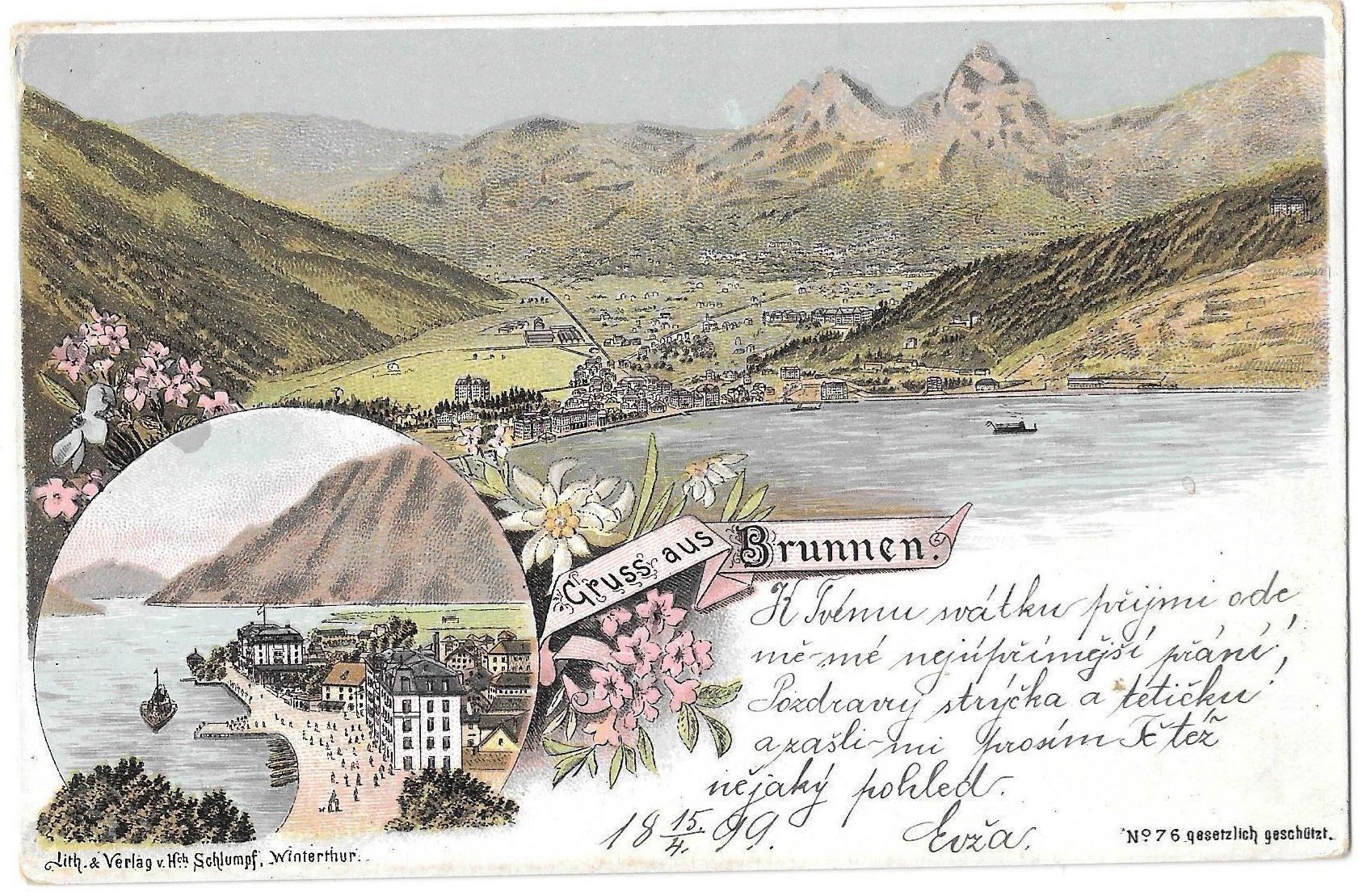 Ansichtskarten: Brunnen farbige Lithografie 2 Bilder 1899 – Gebraucht aus Olten von clotaldi