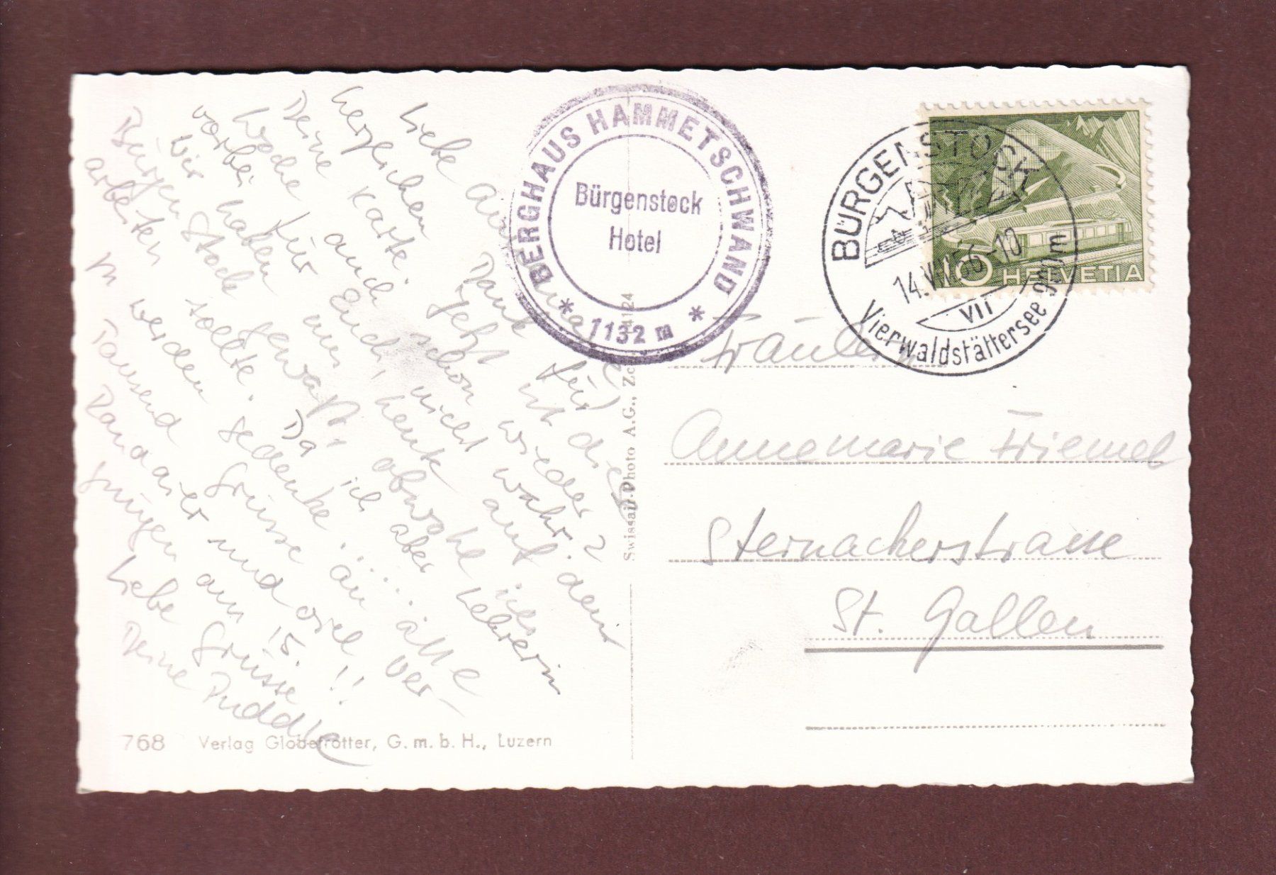Cartoline postali: BÜRGENSTOCK mit Hammetschwand - 1956 – Usato da Pully venduto da nicecards 1