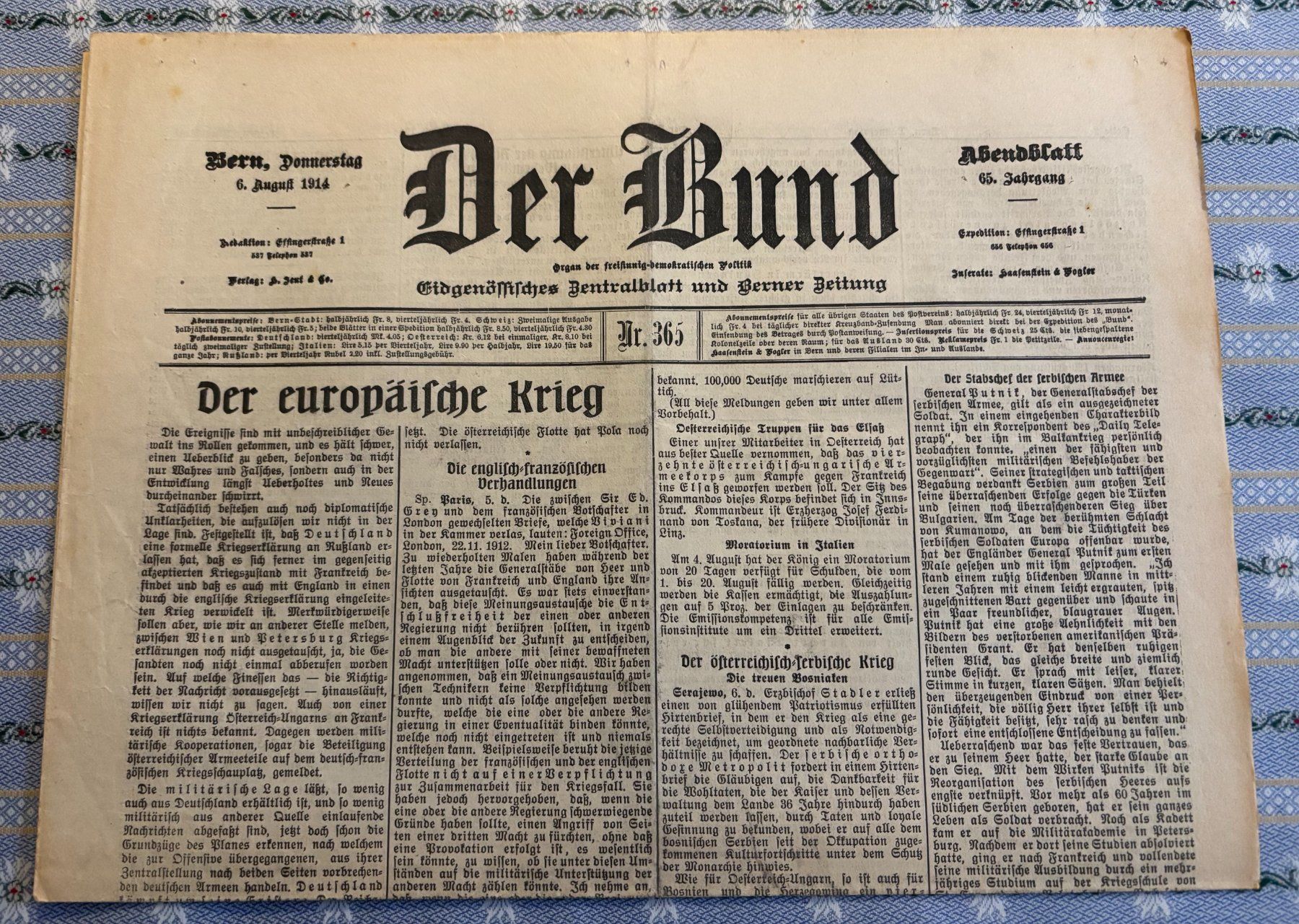 Libri: Der Bund Morgenblatt & Abendblatt 6.August 1914 – Usato da Bern venduto da Grindelwaldaus 1