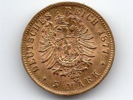 (988) 5 Mark, Sachsen 1877, top stgl, Gold