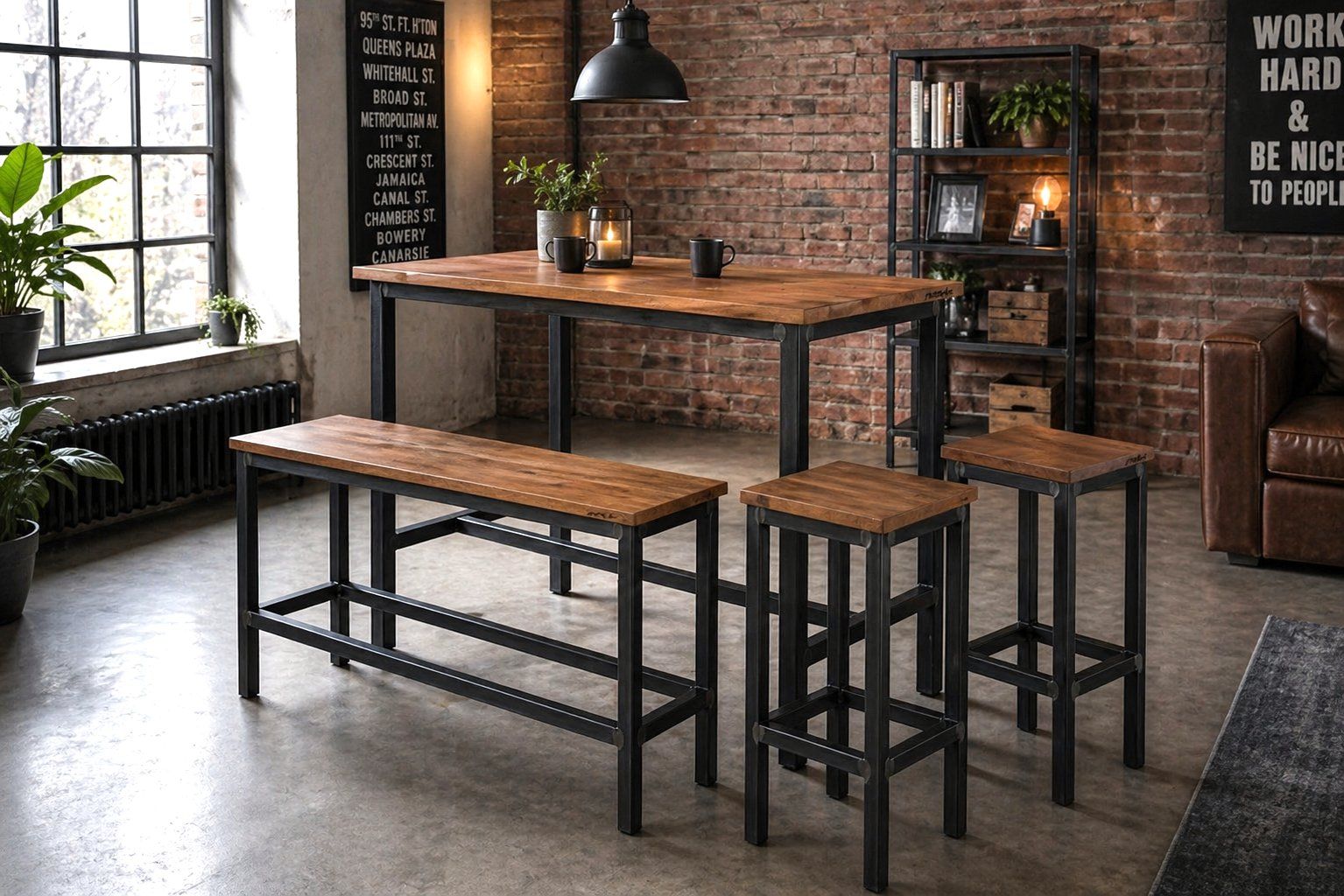Set di tavolo e panche: Robuster Stehtisch mit Sitzbank, 2 Hocker, Holz und Stahl – Usato da Erlen venduto da mat_jm2f 4