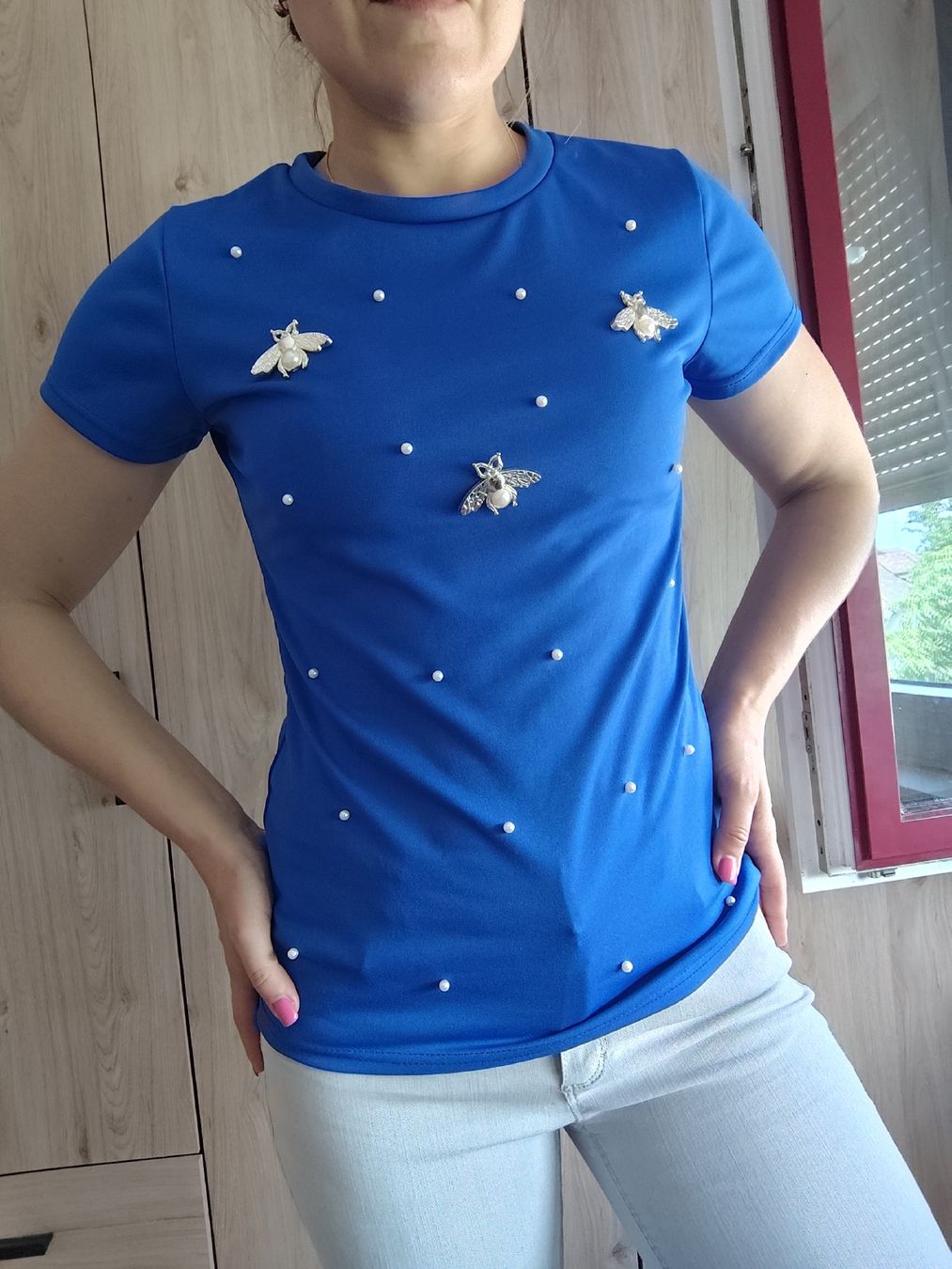Camicette: T-Shirt Blue Size S Bee Pearl Appliqué Polyester – Usato da Mägenwil venduto da VintageGirly 3