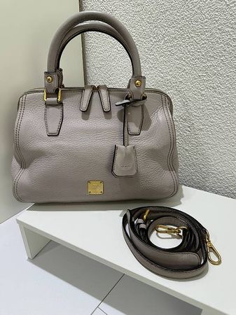 MCM Vintage Handtasche Bowling bag Crossbody Leder Grau Gold