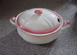 Suppenterrine mit Deckel, weiss-pink, Serviergeschirr