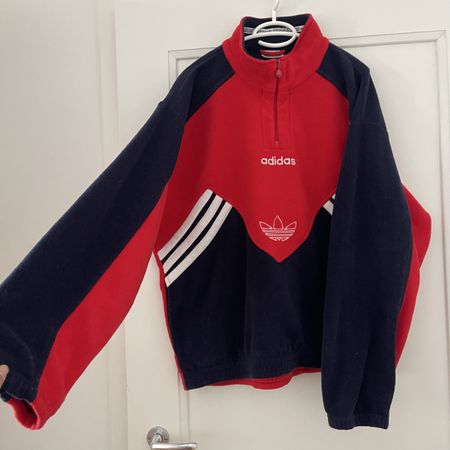 Vintage Adidas Fleece Pullover rot/dunkelblau 1/4 Zip Gr. L 