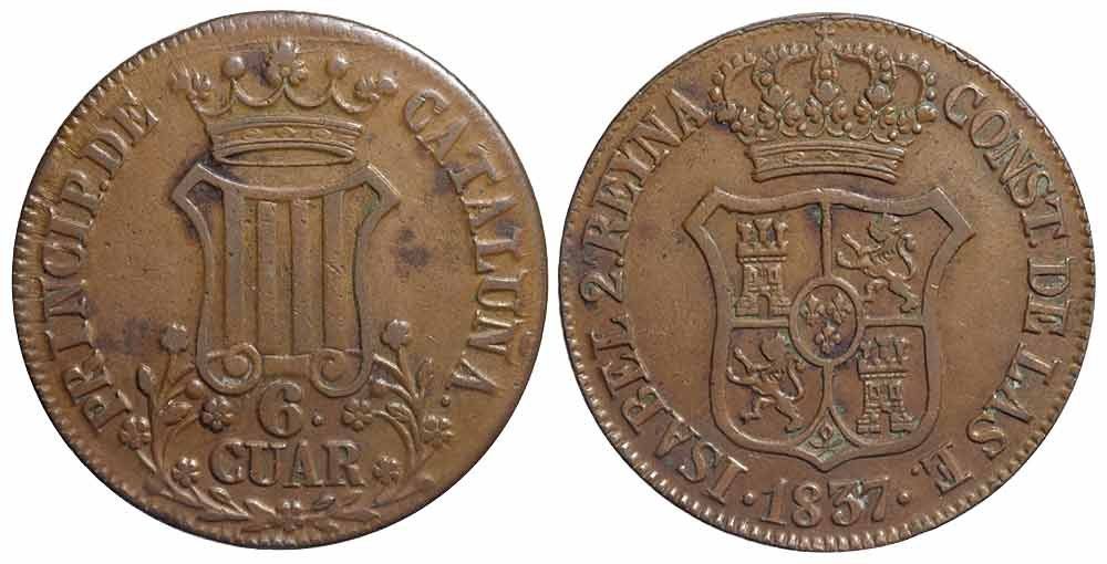 Tutti le monete: Spanien, 6 Quartos 1837, Katalonien – Usato da Chiasso venduto da Novamarketing