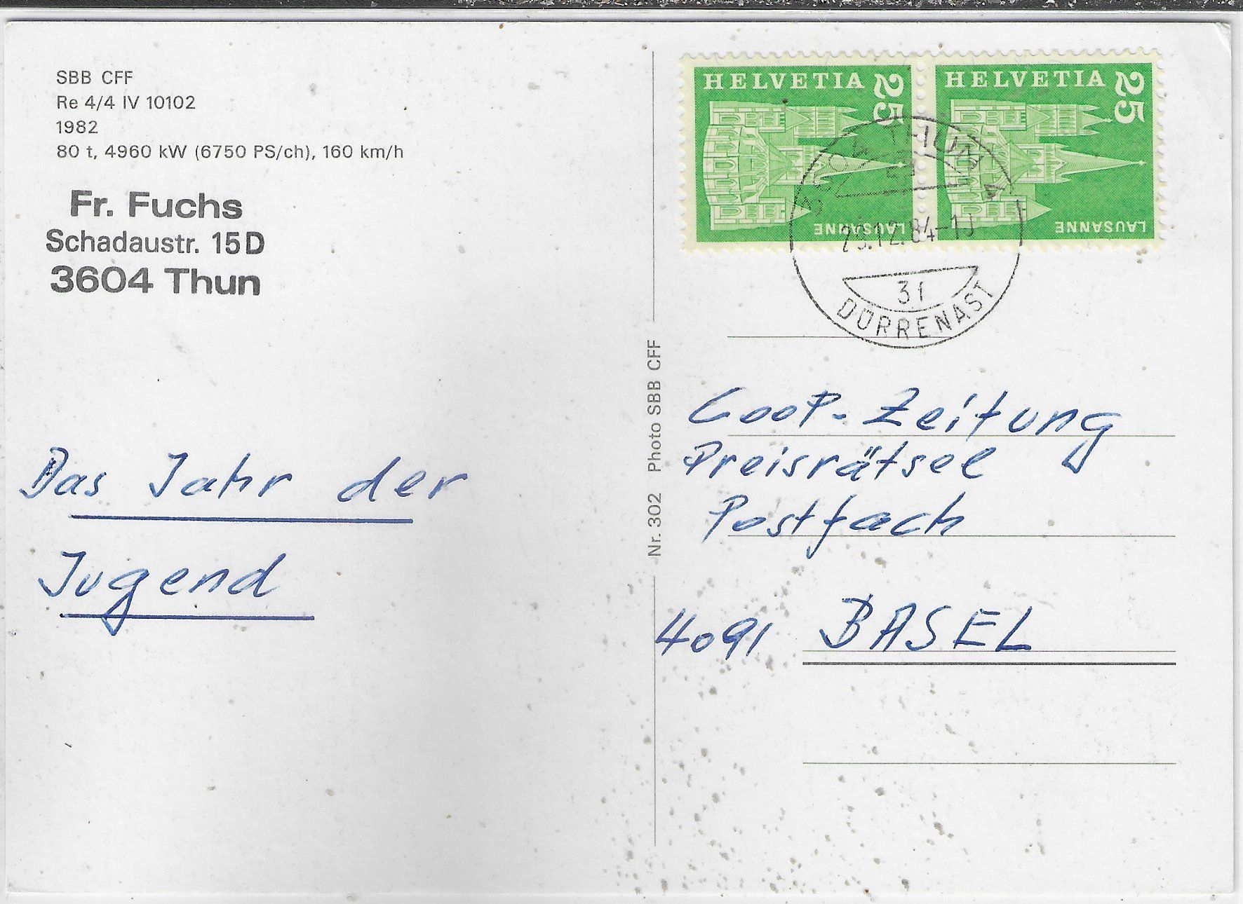 Cartoline postali: SBB_CFF Lokomotive Re 4/4 IV 10102 – Usato da Ettingen venduto da Kartenplanet 1