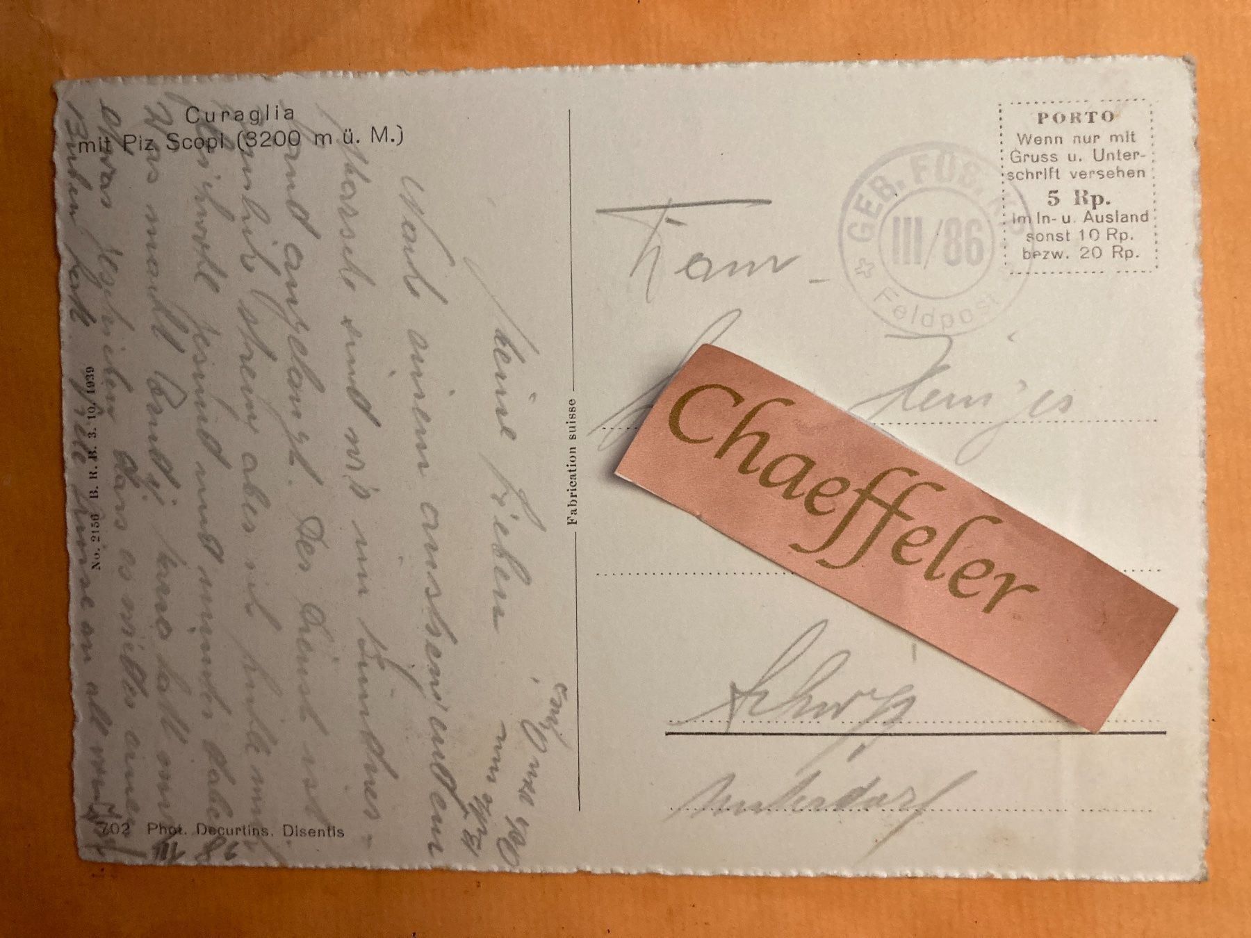 Cartoline postali: Curaglia mit Piz Scooi. -  Feldpost – Usato da Zürich venduto da Chaeffeler 1