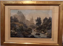lithographie d'Engelmann, paysage alpestre animé 19 ème s.