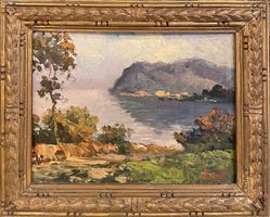 Dipinto olio su tavola, paesaggio lacustre, Moretti, XX seco