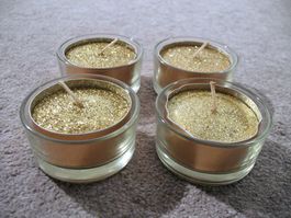 4x Glas Schale Kerzen Halter + Maxi Glitzer-Teelichter GOLD