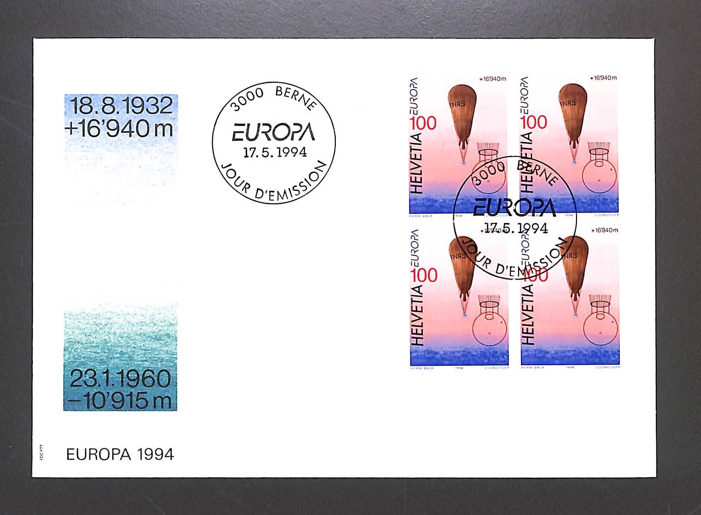 Tutti i francobolli: 1994 FDC Viererblock "Stratosphären-Ballon FNRS" LUXUS – Nuovo (secondo la descrizione) da Zürich venduto da Nobs1