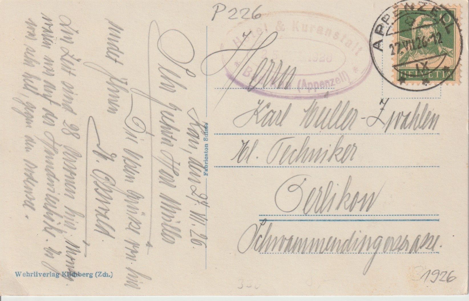 Cartoline postali: P 226 Appenzell mit Säntiskette, 1926 – Usato da Freienbach venduto da Bhaltis 1