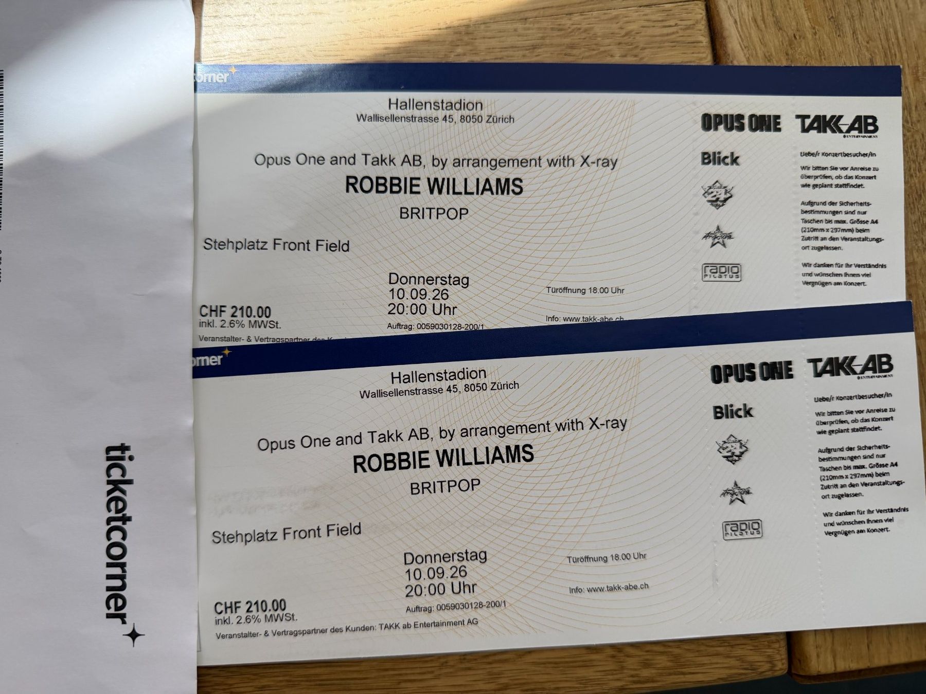 Billets: Robbie Williams Stehplatz Front Field Do., 10.09.2026 – Neuf (Voir description) à Regensdorf par pitb2001