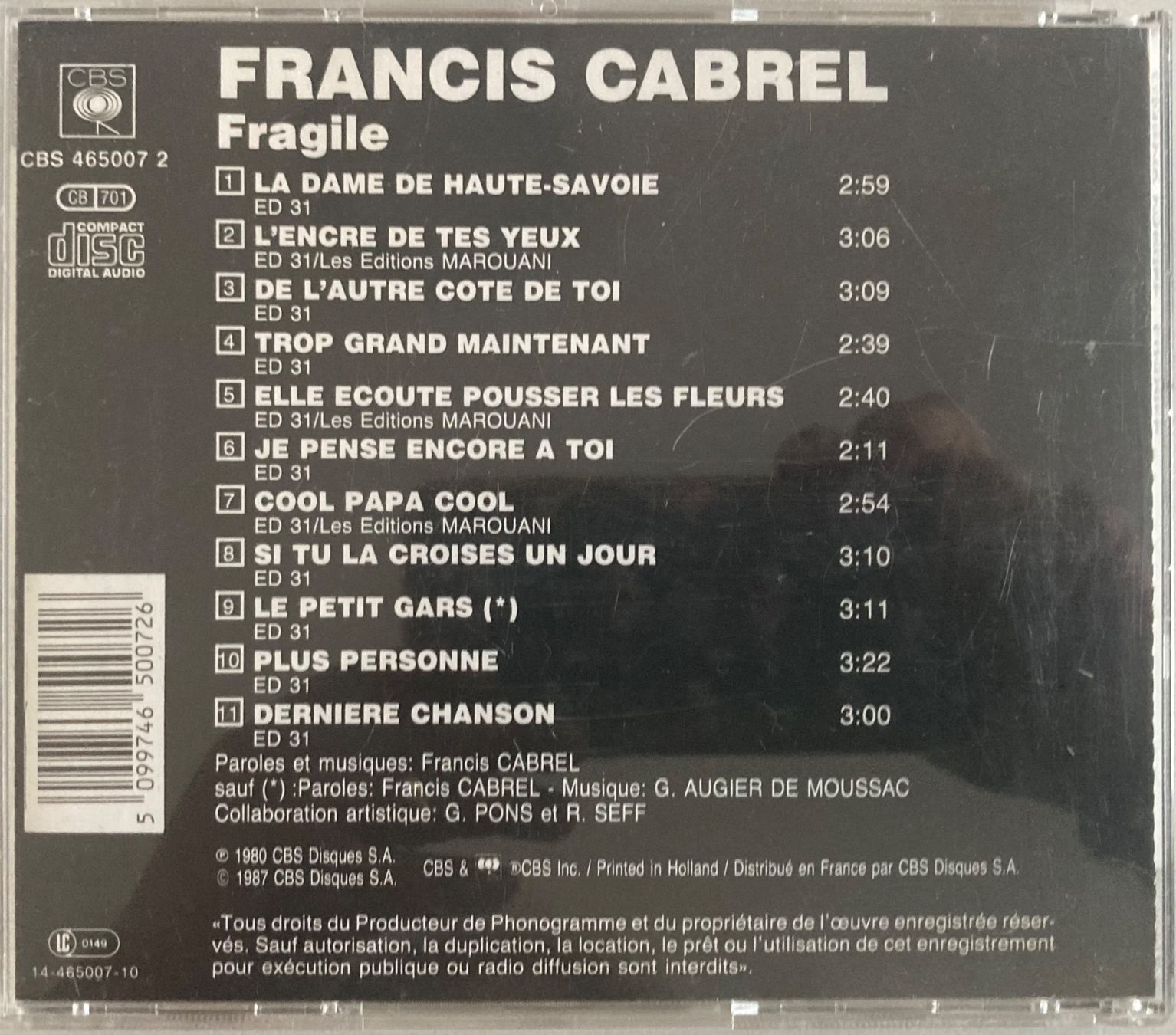 CD: FRANCIS CABREL - FRAGILE – Usato da Poliez-Pittet venduto da Newtown-Records 1