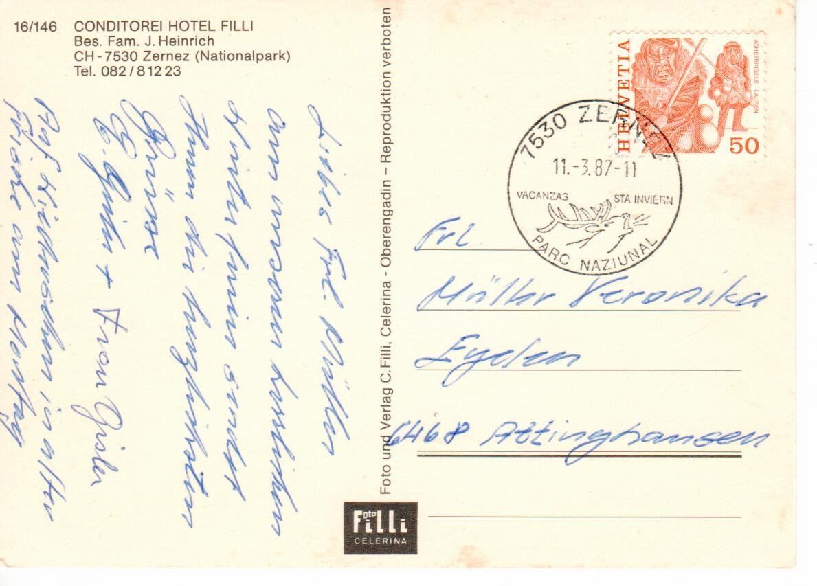 Cartoline postali: Hotel Filli,  Zernez – Usato da Wolhusen venduto da Curver9 1