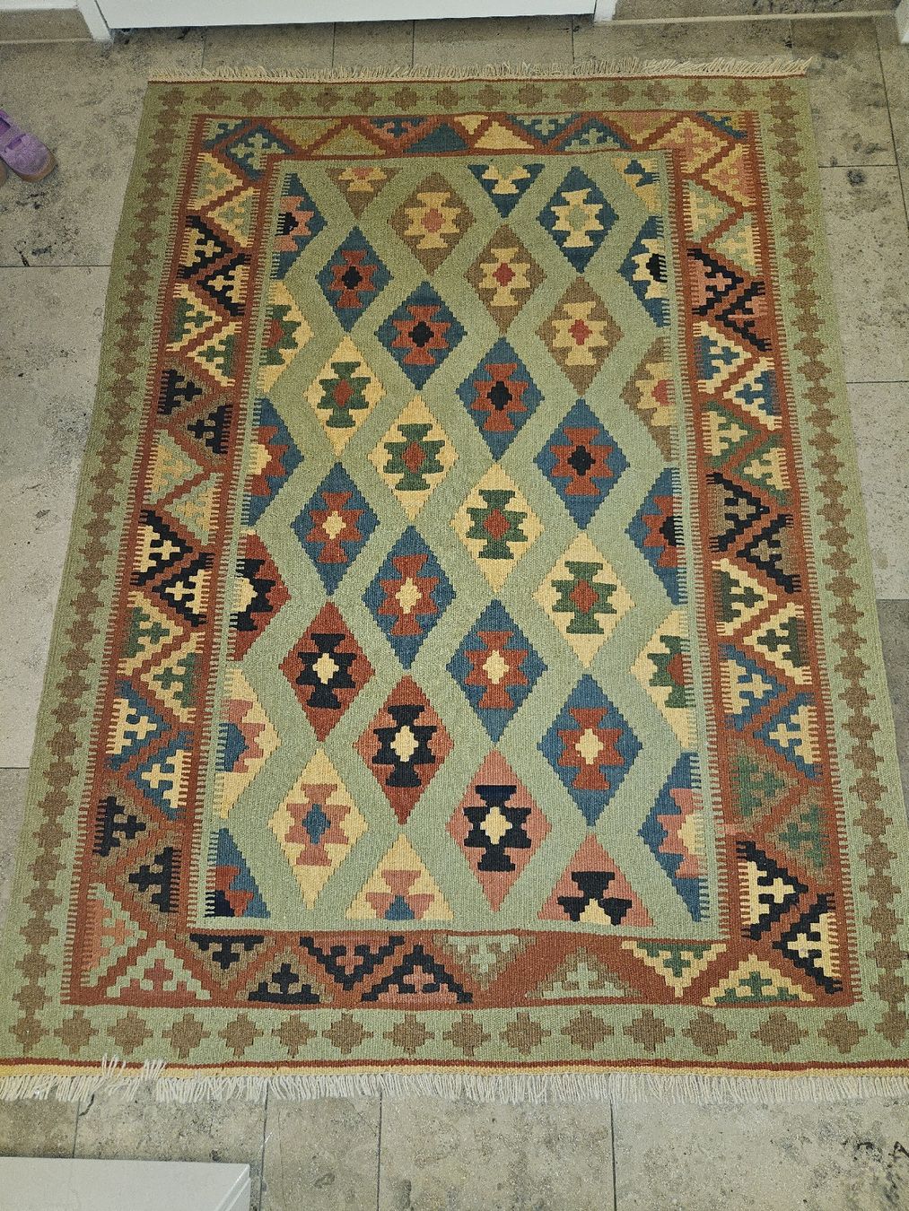 Kelim Tappeti: Orientteppich Kelim mintgrün mit geometrischem Muster  – Usato da Reinach BL venduto da Stylista_Shop