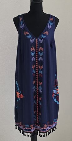 Sommerkleid Gr. XL dunkelblau mit Ethno Muster & Fransen