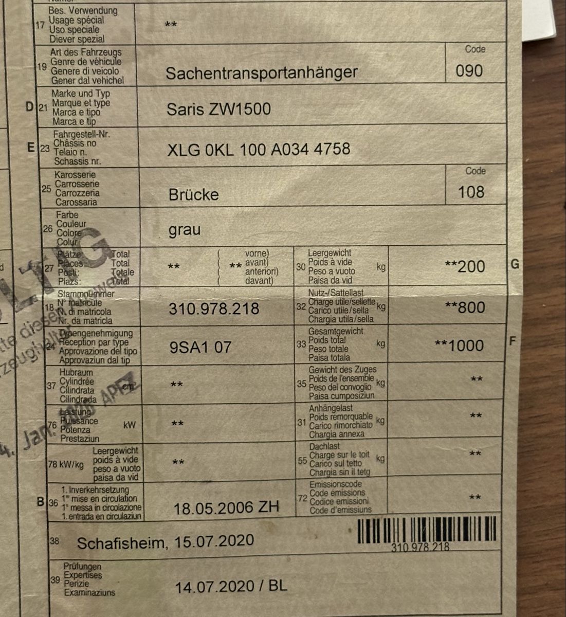 Saris Rimorchi: Saris ZW 1500 Anhänger – Usato da Obermumpf venduto da davetattoo 2