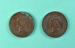 2 Centime-Münzen Frankreich, Jahre 1848 und 1849, Kupfer