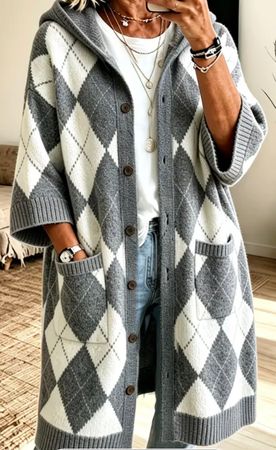 MUST HAVE - Strick-Jacke/Mantel Rhomben, grau/weiss, L/XL