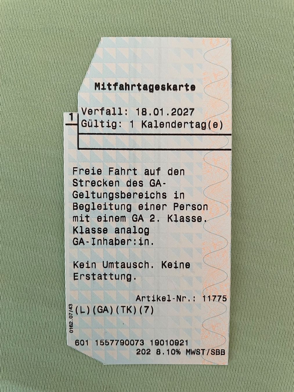Biglietti: Mitfahrtageskarte SBB 18.01.2027 – Usato da Bettlach venduto da Thianh