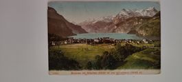 Vintage  Brunnen mit Gitschen und Uristock Berge dat. 1909