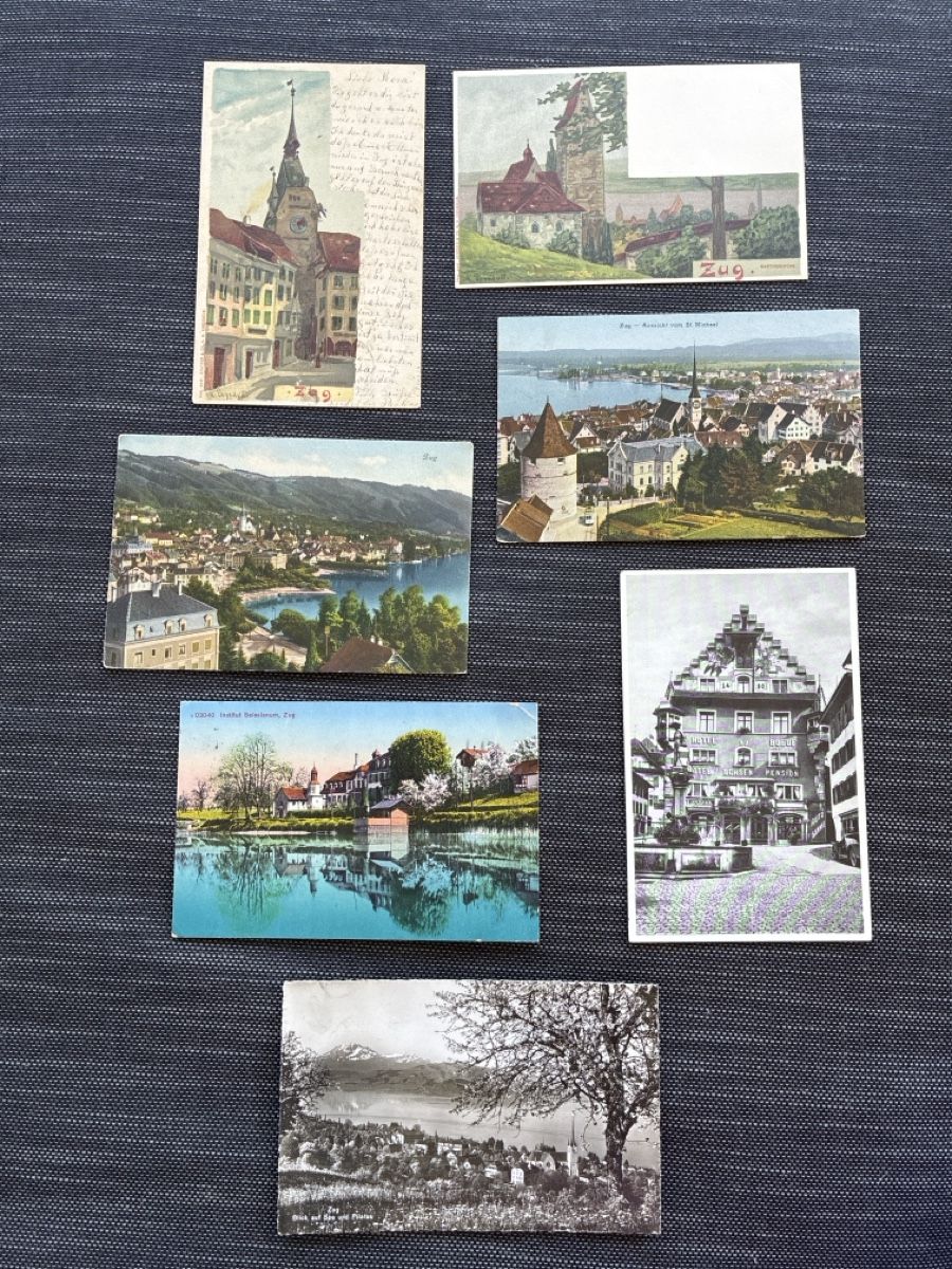 Cartoline postali: 14 Ansichtskarten Schweiz von Zug  A – Usato da Oftringen venduto da Cla.vD.74