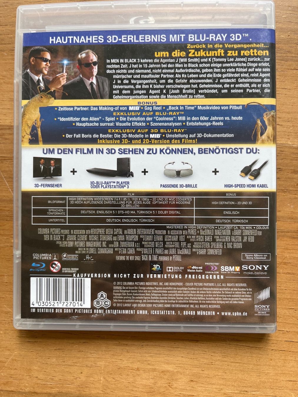 Tutti i DVDs: Blu Ray Disc 3 D - MIB - Men in Black 3 – Nuovo (secondo la descrizione) da Stans venduto da scheuerc 1