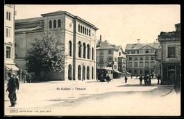 AK St. Gallen, Straßenpartie mit Straßenbahn vor dem Theater
