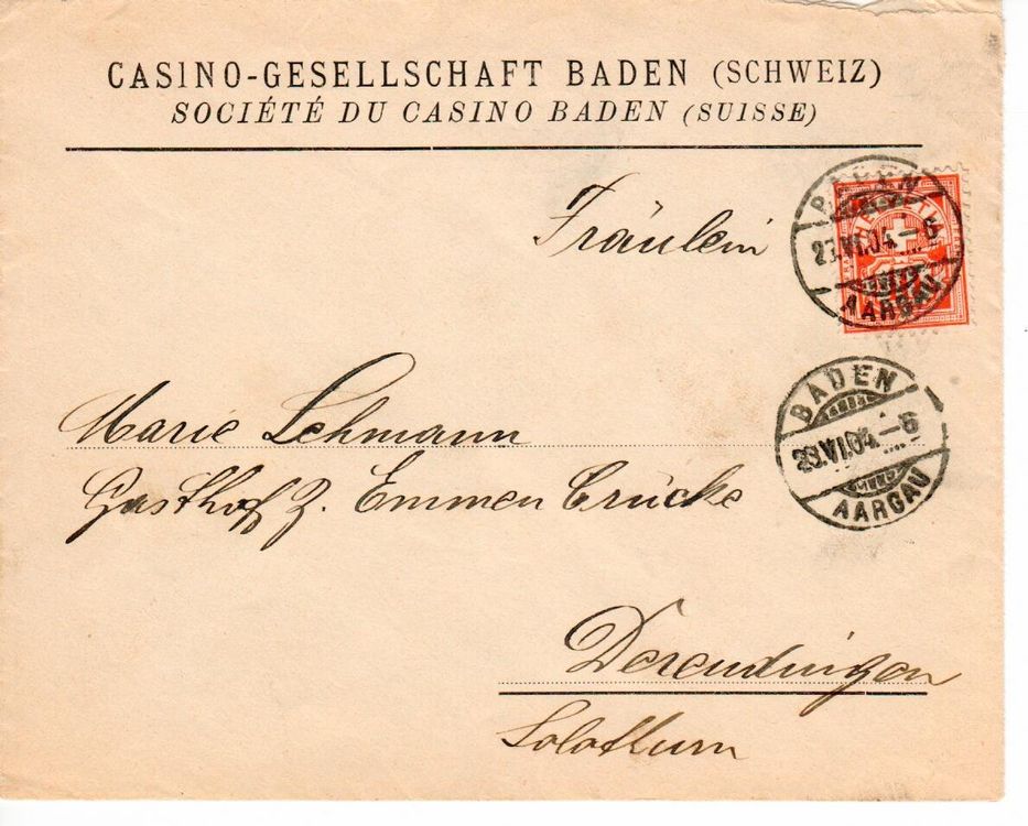 Brief, Casino Gesellschaft Baden CH - Derendingen 1904 1