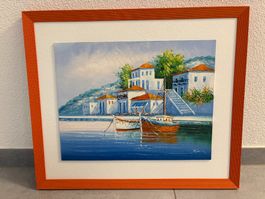 57cmbreitx 49cmhoch Ölgemälde Küstenlandschaft Boote am Meer