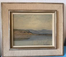 Gemälde Landschaft mit Bergen und See signiert 1952